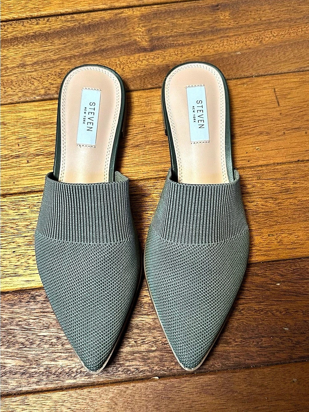 STEVEN New York Viena Pointed Toe Knit Mules - Olive Green (Size 8.5)